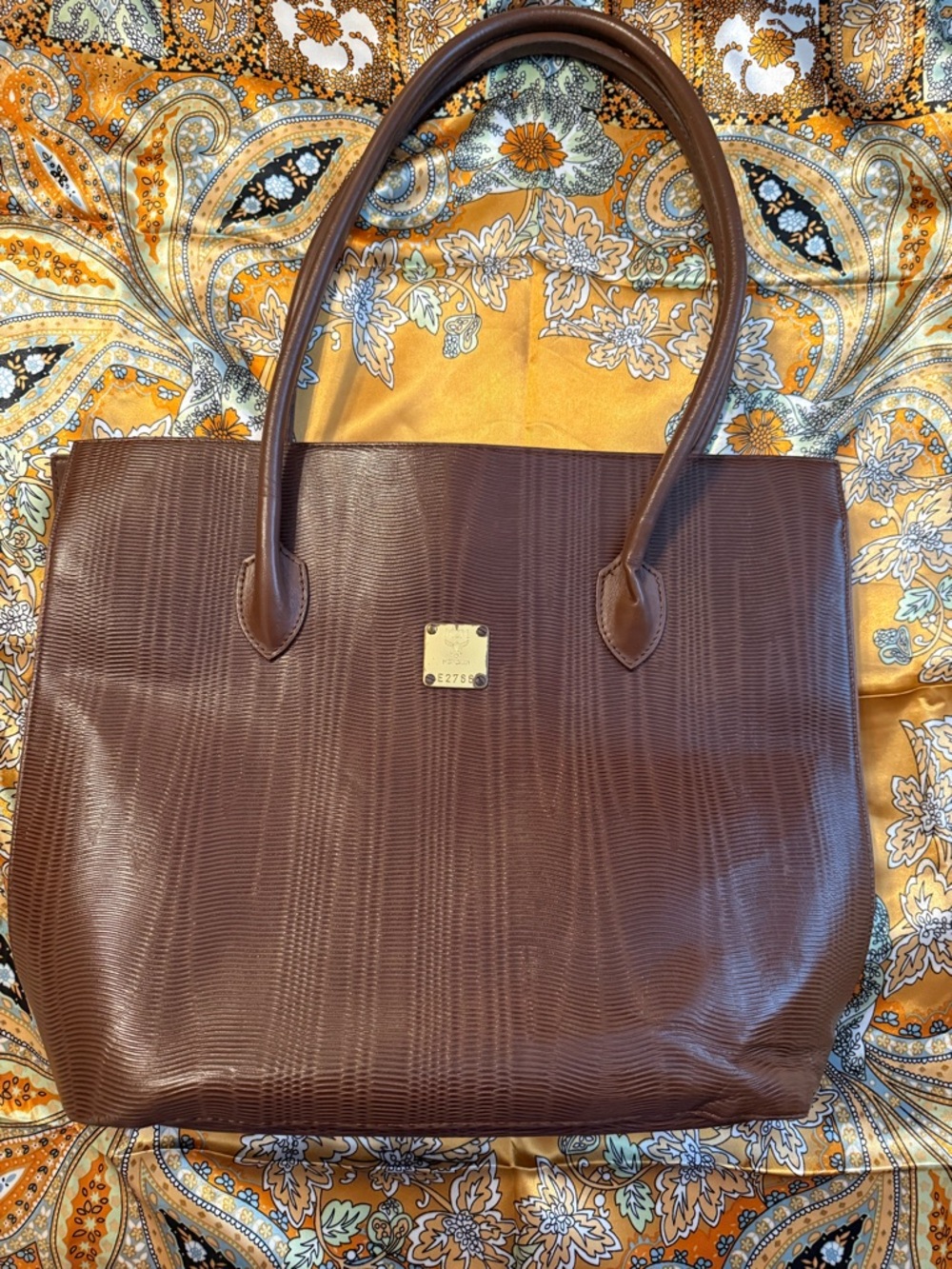 MCM Brown Textured Leather Tote with Gold Plate